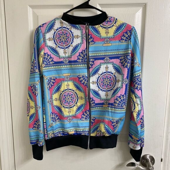 💼Light Wear Summer Bomber Jacket, Paisley Chain Print, Zip Front - Picture 8 of 13